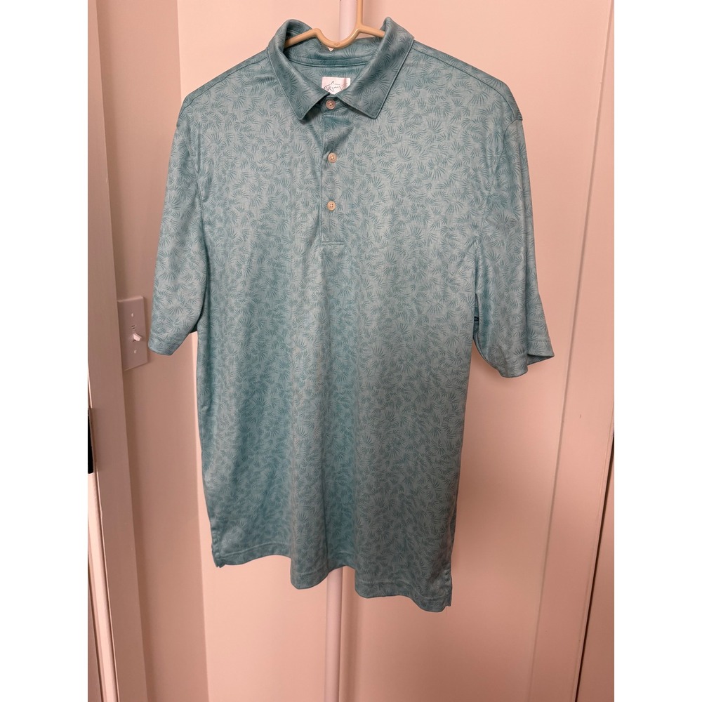 Greg Norman Polo Mens Medium Aqua Blue ML75 Play Dry Palm Print Golf Shirt